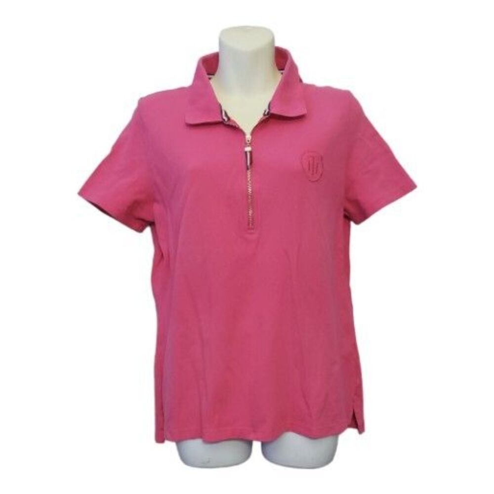 Tommy Hilfiger Women's Pink 1/4 zip Polo shirt Gold Zipper Preppy - Picture 1 of 9